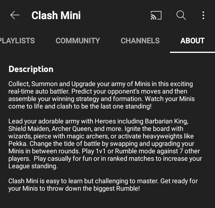 La info de Youtube sobre Clash Mini