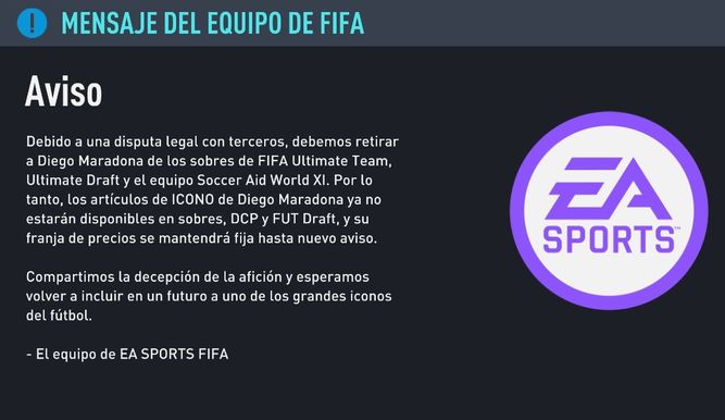 EA anuncia la retirada de las cartas de Maradona en FIFA 22